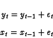 \begin{eqnarray*}y_t = y_{t-1} + \varepsilon_t \\x_t = x_{t-1} + e_t\end{eqnarray*}