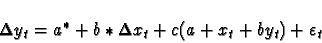 \begin{eqnarray*}\Delta y_t = a^* + b* \Delta x_t + c (a+x_t + b y_t) + \varepsilon_t\end{eqnarray*}